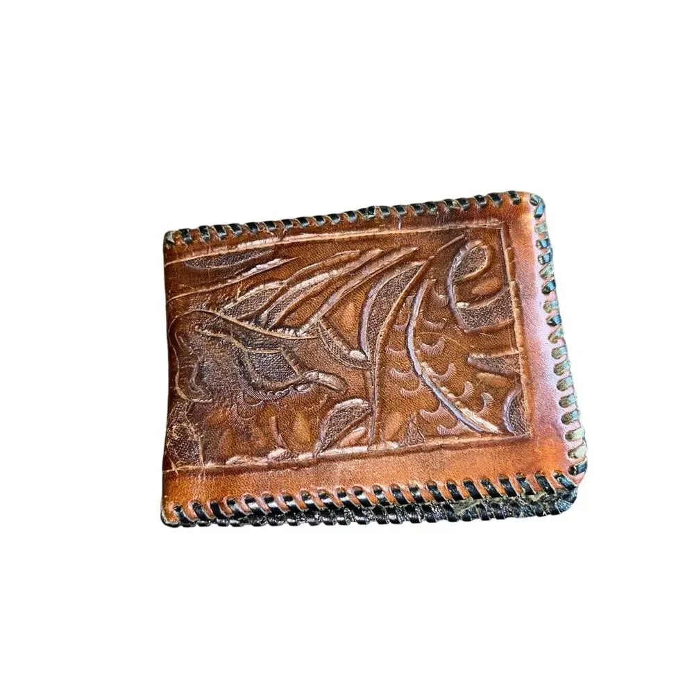 Vintage Leather Bifold Wallet Western Flowers Cowhide Lining Made In Mexico